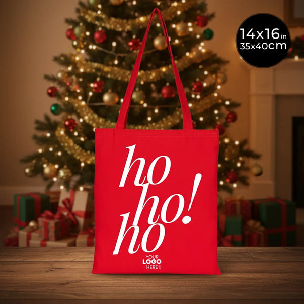 Red Canvas New Year Tote Bag 14" × 16" (35 × 40 cm) – Ho Ho Ho Printed Holiday Design - Pamusan.com