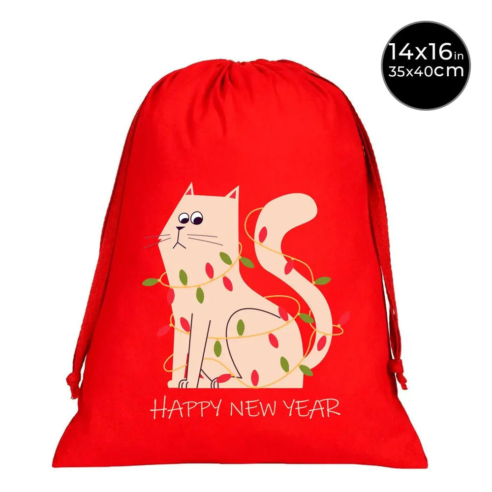 Red Cotton New Year Gift Pouch 14" × 16" (35 × 40 cm) – Cute Cat Design with Drawstring - Pamusan.com