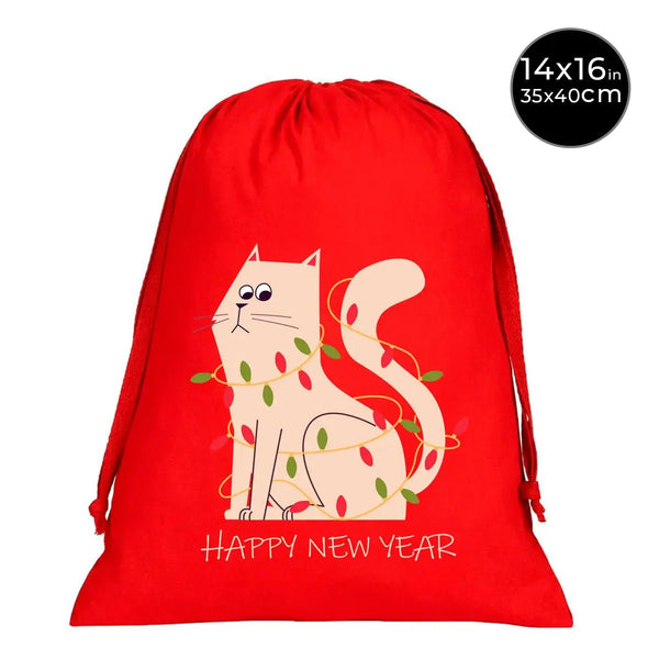 Red Cotton New Year Gift Pouch 14" × 16" (35 × 40 cm) – Cute Cat Design with Drawstring - Pamusan.com