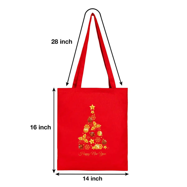 Red New Year Canvas Tote Bag 14" × 16" (35 × 40 cm) – Golden Tree Print, Custom Holiday Gift Bag - Pamusan.com