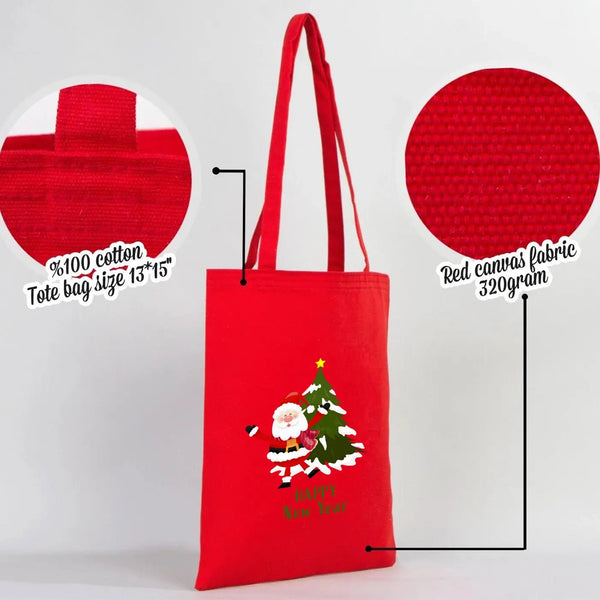 Red New Year Canvas Tote Bag 14" × 16" (35 × 40 cm) – Golden Tree Print, Custom Holiday Gift Bag - Pamusan.com