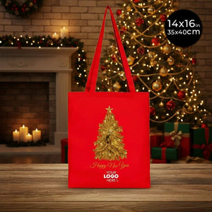 Red New Year Canvas Tote Bag 14" × 16" (35 × 40 cm) – Golden Tree Print, Custom Holiday Gift Bag - Pamusan.com