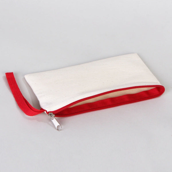 Fabric Pencil Case – 8"x4" Red Zippered Cotton Pouch (Blank)