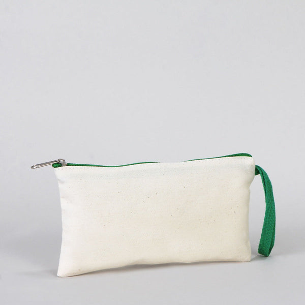 Fabric Pencil Case – 8"x4" Green Zippered Cotton Pouch (Plain)