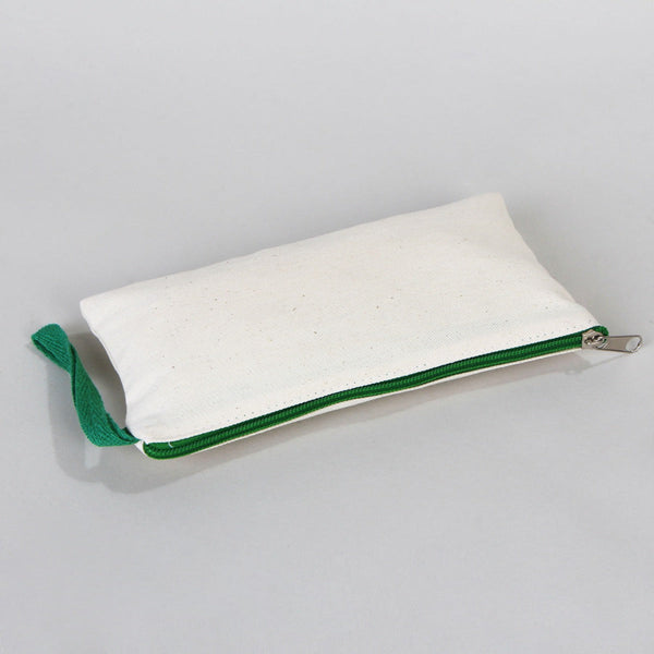 Fabric Pencil Case – 8"x4" Green Zippered Cotton Pouch (Plain)