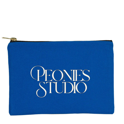 Blue pouch with 'Peonies Studio' text on a white background