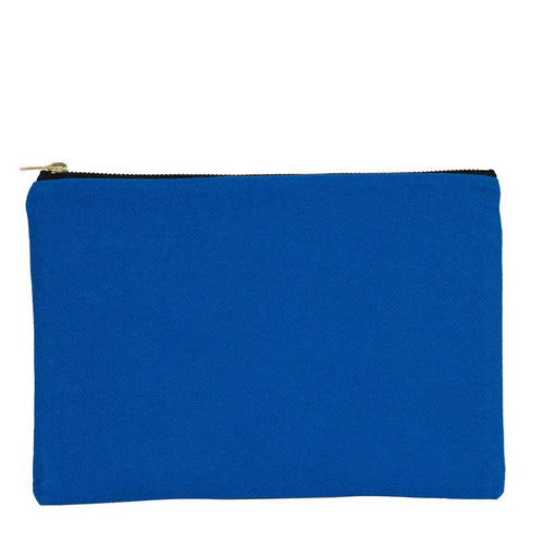 Blue pouch with a gold zipper on a white background
