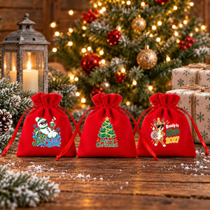 Small Christmas Gift Bags – Red Velvet Drawstring Pouches 4" × 5" (10 × 13 cm) with Rose Top, 18 Christmas & New Year 2027 Designs - Pamusan.com