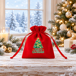 Small Christmas Gift Bags – Red Velvet Drawstring Pouches 4" × 5" (10 × 13 cm) with Rose Top, 18 Christmas & New Year 2027 Designs - Pamusan.com