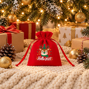 Small Christmas Gift Bags – Red Velvet Drawstring Pouches 4" × 5" (10 × 13 cm) with Rose Top, 18 Christmas & New Year 2027 Designs - Pamusan.com