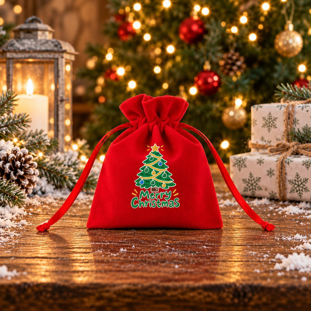 Small Christmas Gift Bags – Red Velvet Drawstring Pouches 4" × 5" (10 × 13 cm) with Rose Top, 18 Christmas & New Year 2027 Designs - Pamusan.com