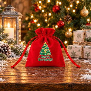 Small Christmas Gift Bags – Red Velvet Drawstring Pouches 4" × 5" (10 × 13 cm) with Rose Top, 18 Christmas & New Year 2027 Designs - Pamusan.com