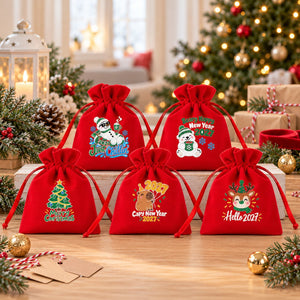Small Christmas Gift Bags – Red Velvet Drawstring Pouches 4" × 5" (10 × 13 cm) with Rose Top, 18 Christmas & New Year 2027 Designs - Pamusan.com