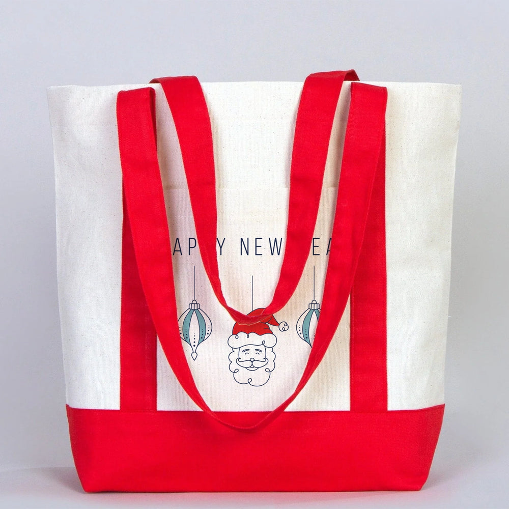 New Year Tote Bag – Red & Natural Canvas with Holiday Print Options