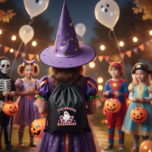 Trick or Treat Drawstring Bags – Black Waterproof Backpack with Spooky Prints - Pamusan.com