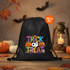 Trick or Treat Drawstring Bags – Black Waterproof Backpack with Spooky Prints - Pamusan.com