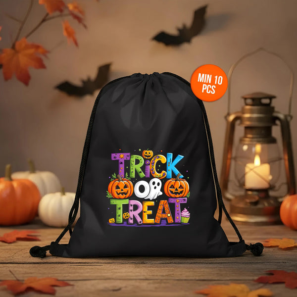 Trick or Treat Drawstring Bags – Black Waterproof Backpack with Spooky Prints - Pamusan.com