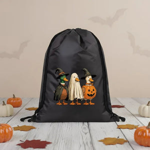 Trick or Treat Drawstring Bags – Black Waterproof Backpack with Spooky Prints - Pamusan.com