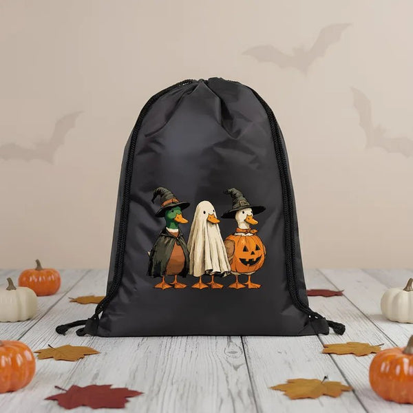 Trick or Treat Drawstring Bags – Black Waterproof Backpack with Spooky Prints - Pamusan.com