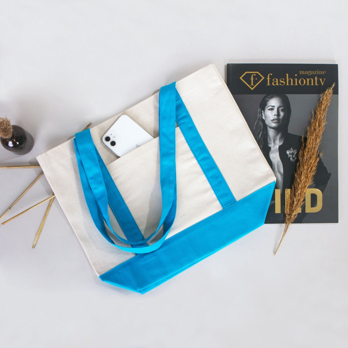 Turquoise Canvas Tote Bag 16"x14"x5" – Large Eco-Friendly Shopping Bag
