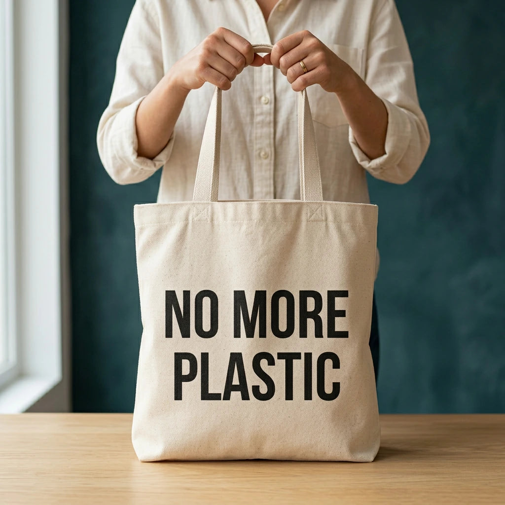 Person holding a beige tote bag with 'No More Plastic' text on a wooden surface.