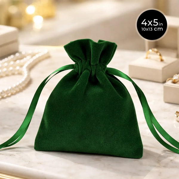 Velvet Rose Drawstring Pouch – Green – 4" × 5" (10 × 13 cm) - Pamusan.com