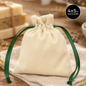 Velvet Rose Drawstring Pouch with Green Ribbon – 4" × 5" (10 × 13 cm) - Pamusan.com