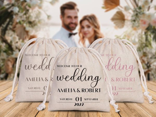 Custom Cotton Drawstring Pouches for Wedding Parties - Personalized Favor Bags - Pamusan.com