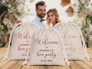 Welcome to the Wedding Pouches, Custom Bridal Party Drawstring Bags – Bridesmaid Cotton Favor Sacks - Pamusan.com