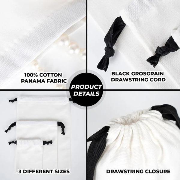 White Canvas Drawstring Bag – Black Cord - 6" × 8" (15 × 20 cm) – 10 oz - Pamusan.com
