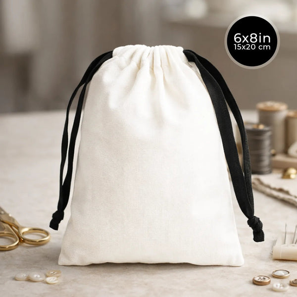 White Canvas Drawstring Bag – Black Cord - 6" × 8" (15 × 20 cm) – 10 oz - Pamusan.com
