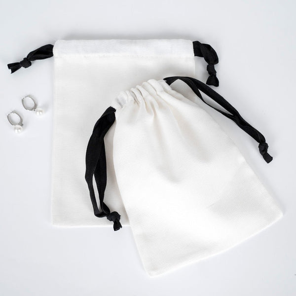 White Canvas Drawstring Bag – Black Cord - 6" × 8" (15 × 20 cm) – 10 oz - Pamusan.com