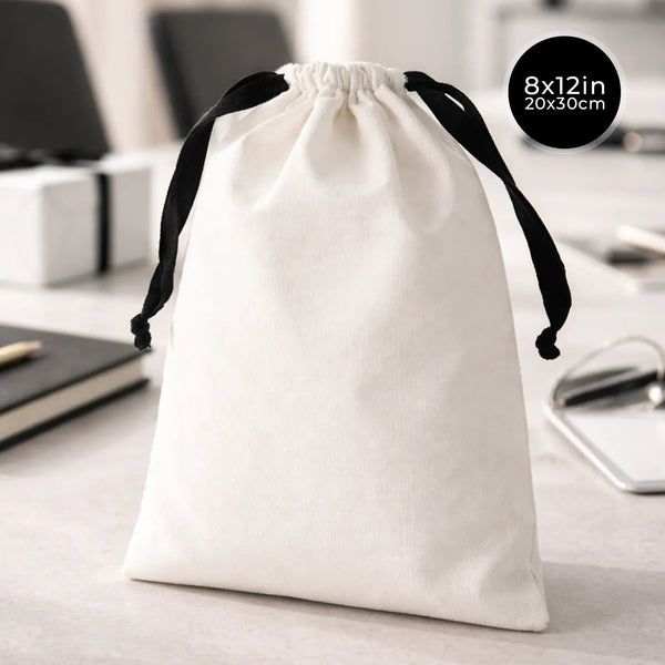 White Canvas Drawstring Bag – Black Cord - 8" × 12" (20 × 30 cm) - Pamusan.com