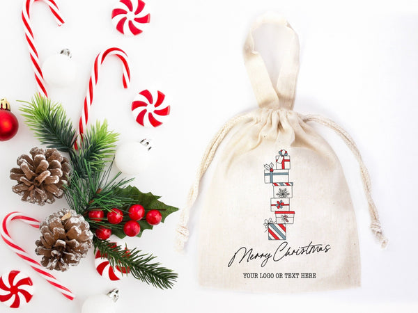Wholesale Custom Logo Printed Christmas Gift Bags - 6"W x 8"H (15x20 cm) Personalized Cotton and Muslin Bags for Family & Company Gifts | Add Your Logo, Text - Pamusan.com