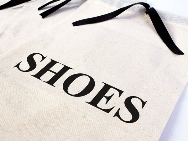 Wholesale Logo Printed Shoe Bags | Custom Drawstring Shoe Organizers | 2 Sizes | Cotton Pouch Shoe Bags with Black Ribbon - Pamusan.com