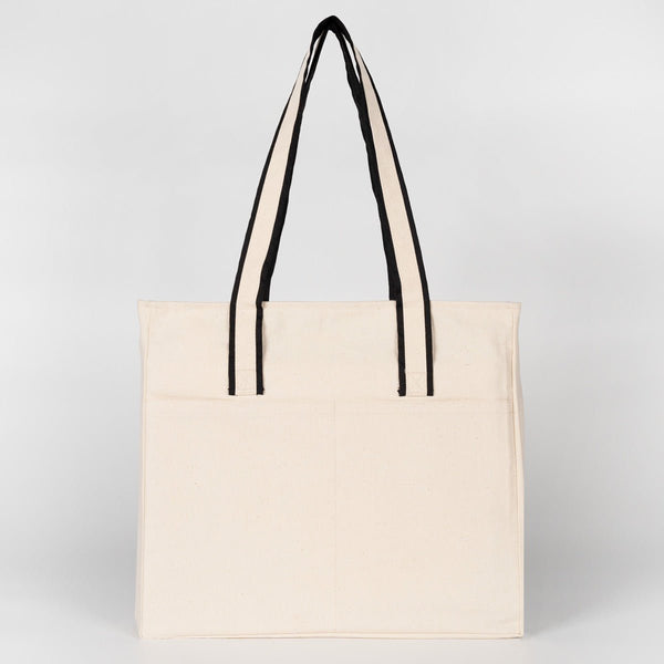 Zippered Canvas Tote Bag with Front Pockets – Black Handle – 16" × 14" × 4" (40 × 35 × 10 cm) - Pamusan.com