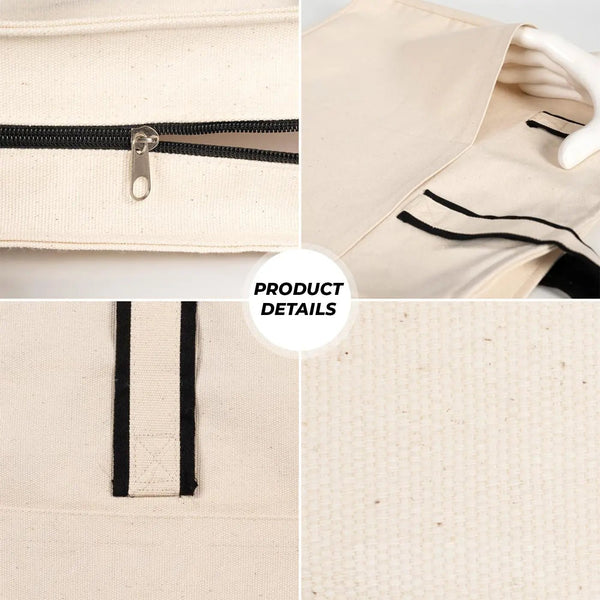 Zippered Canvas Tote Bag with Front Pockets – Black Handle – 16" × 14" × 4" (40 × 35 × 10 cm) - Pamusan.com