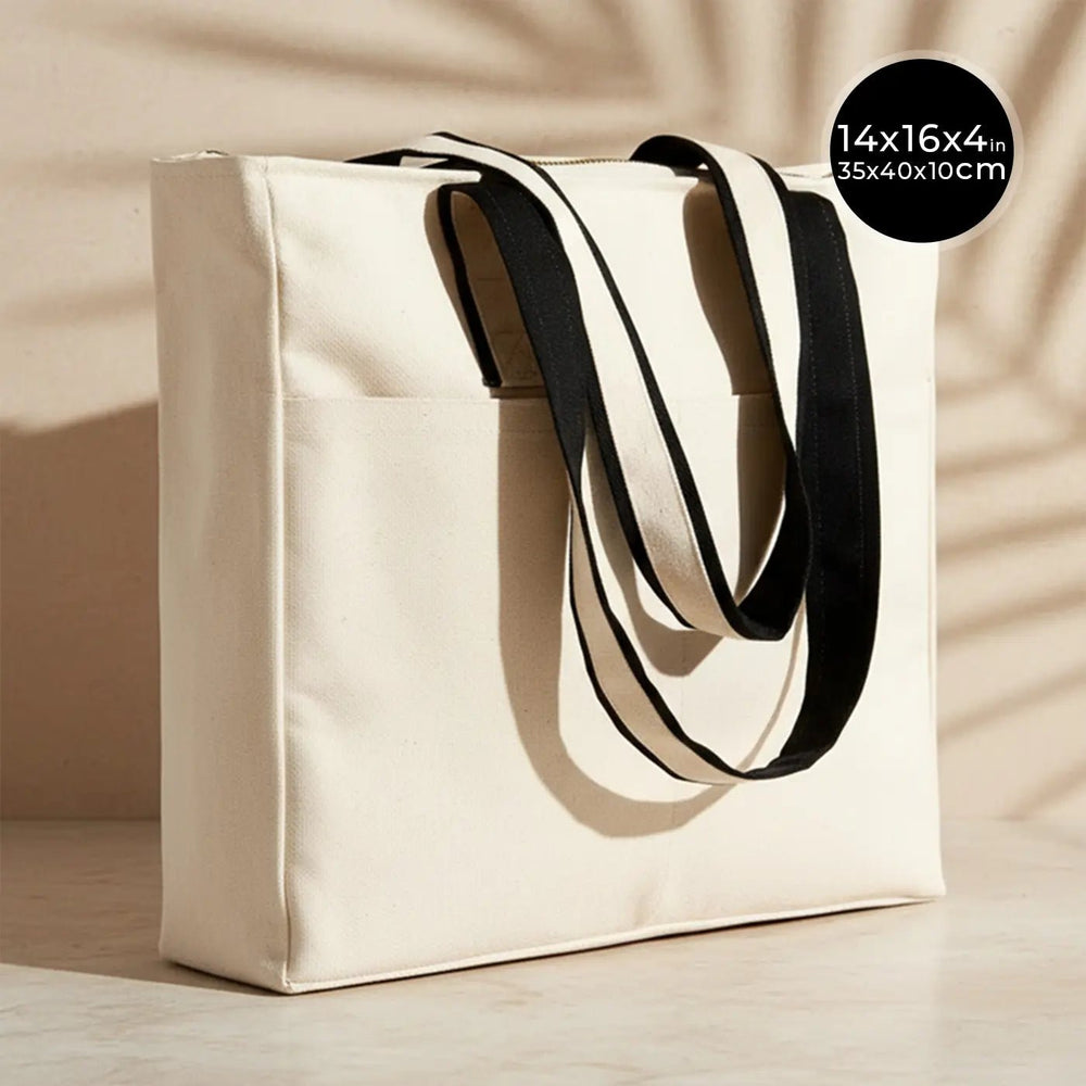 Zippered Canvas Tote Bag with Front Pockets – Black Handle – 16" × 14" × 4" (40 × 35 × 10 cm) - Pamusan.com
