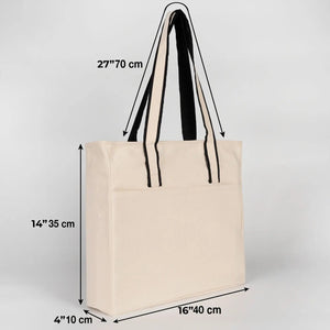 Zippered Canvas Tote Bag with Front Pockets – Black Handle – 16" × 14" × 4" (40 × 35 × 10 cm) - Pamusan.com
