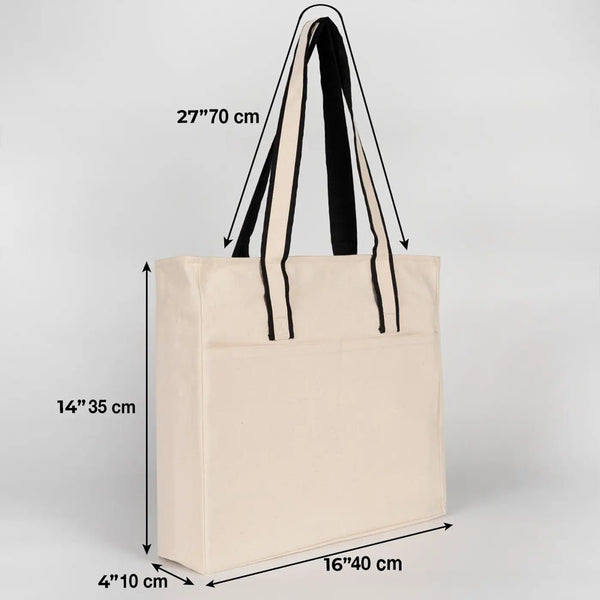 Zippered Canvas Tote Bag with Front Pockets – Black Handle – 16" × 14" × 4" (40 × 35 × 10 cm) - Pamusan.com