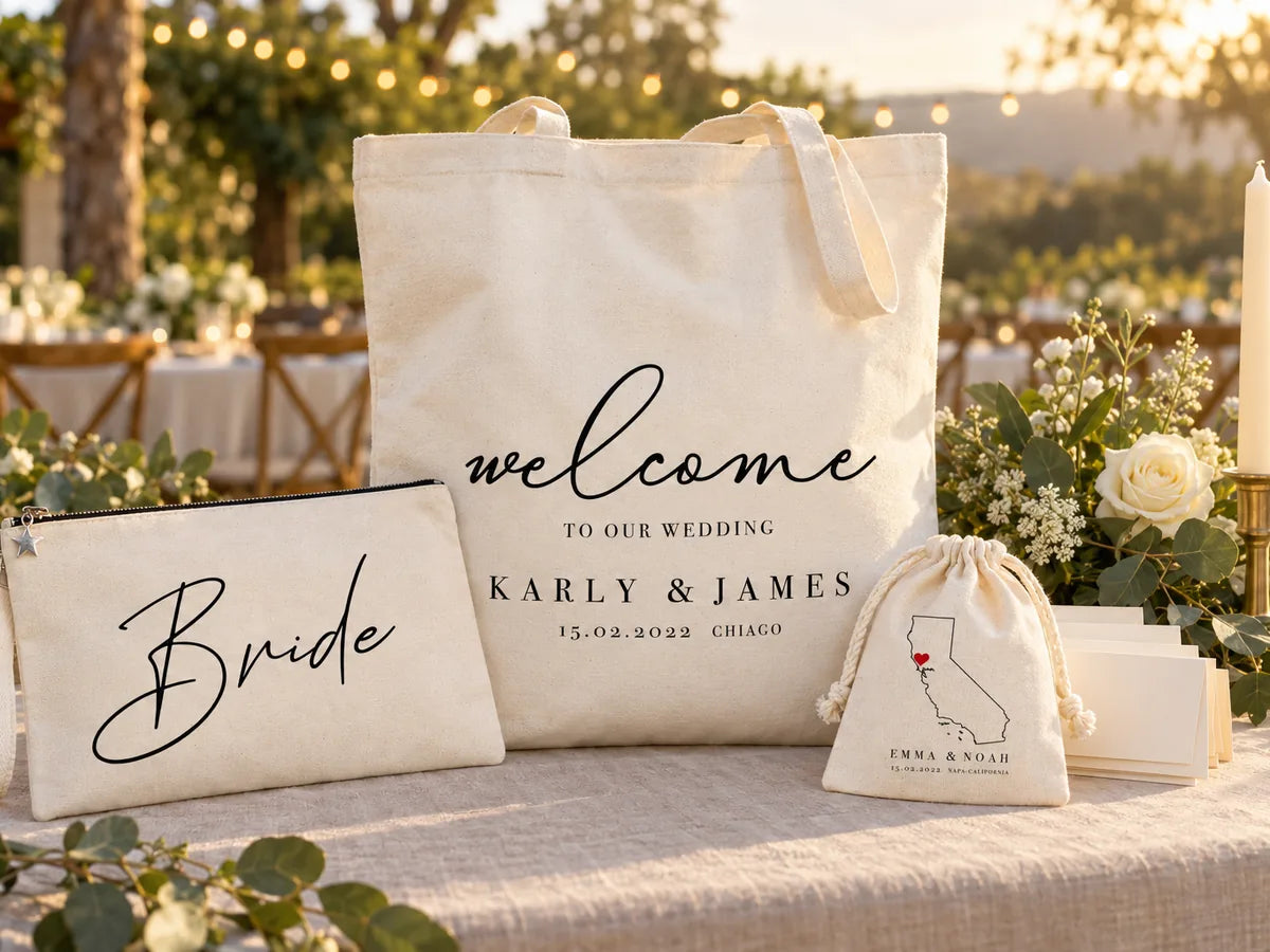 Personalized welcome tote, California map favor pouch and Bride clutch arranged on a linen reception table at golden hour